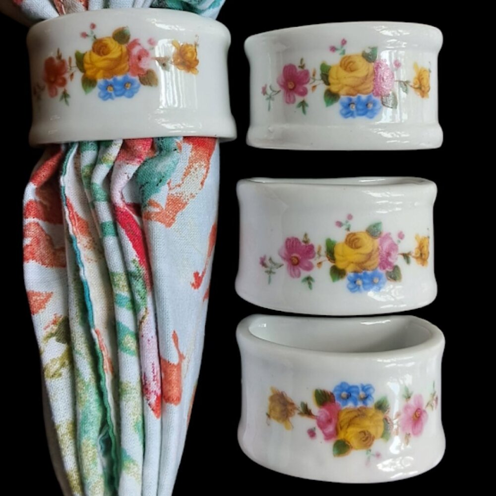 Napkin Rings Holders Vintage Porcelain Floral Set Of 4 - Picture 3 of 7